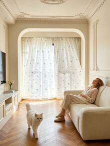 1pc Linen Embroidered White Floral Fresh Fashion Gauze Curtain, Floral Pattern, Rod Pocket Design, Suitable For Living Room And Bedroom - Transparent And Light Filtering Curtain, Living Room Curtain, Bedroom Curtain - Multicolor - View 8