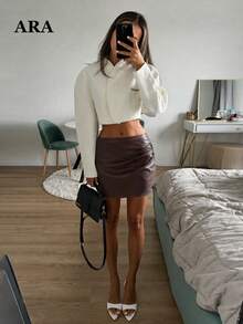 ARA CHIC Women Fall Brown Faux Leather Mini Skirt, Back Elastic Waist Invisible Zipper Bodycon Short Skirt For Club Going‑Out Daily - Coffee Brown - View 1