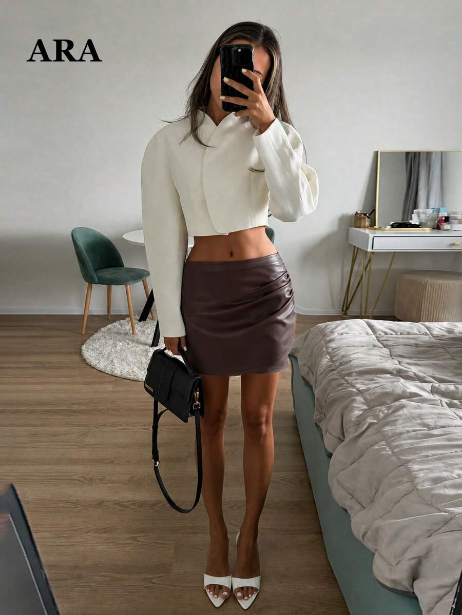 ARA CHIC Women Fall Brown Faux Leather Mini Skirt, Back Elastic Waist Invisible Zipper Bodycon Short Skirt For Club Going‑Out Daily - Coffee Brown - View 1