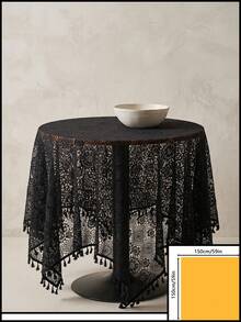 1pc Black Geometric Hollow Lace Tablecloth, French Vintage Style Lace Fabric Material, Round Tassel Edge And Exquisite Hollow Floral Pattern Detail Decoration, Beautification And Dust-Proof Function, Suitable For Daily Home And Vintage Dining Table Arrangement - Black - View 17