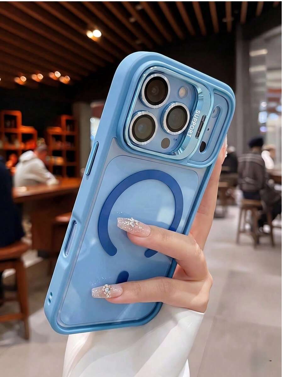 1件裝奢華鏡頭框磁吸手機殼,相容 iPhone 18 17 Pro Max 16 15 14 13 12 Pro Max Plus,支援無線充電,防震裝甲緩衝透明殼,附鏡頭玻璃 - 天藍色 - 查看 1