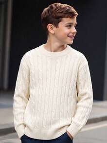 Boys' Beige Cable Knit Sweater, Vintage Round Neck Braided Knit Pullover, Versatile Long Sleeve Top For Autumn/Winter - White - View 4