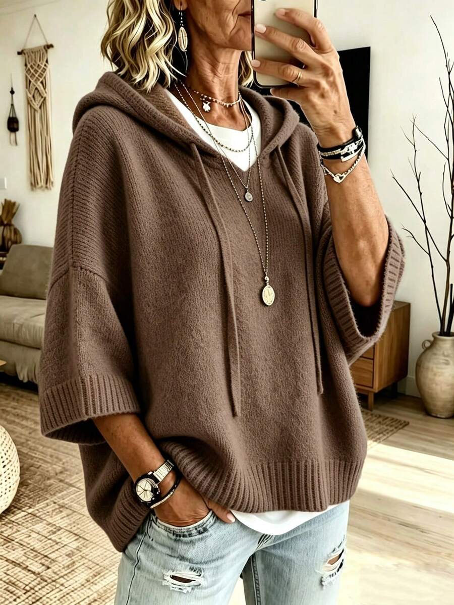 Women's Solid Color Drop Shoulder Drawstring Hooded Loose Casual Sweater - Coffee Brown - View 1