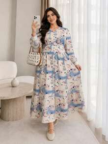 Plus Size Elegant Fashion V-Neck Long Sleeve Ditsy Floral Dress, Ruched Waist Ruffle Hem Tea Length Maxi Dress For Daily Wear, Outings, Gatherings And Commuting - Multicolor - View 6
