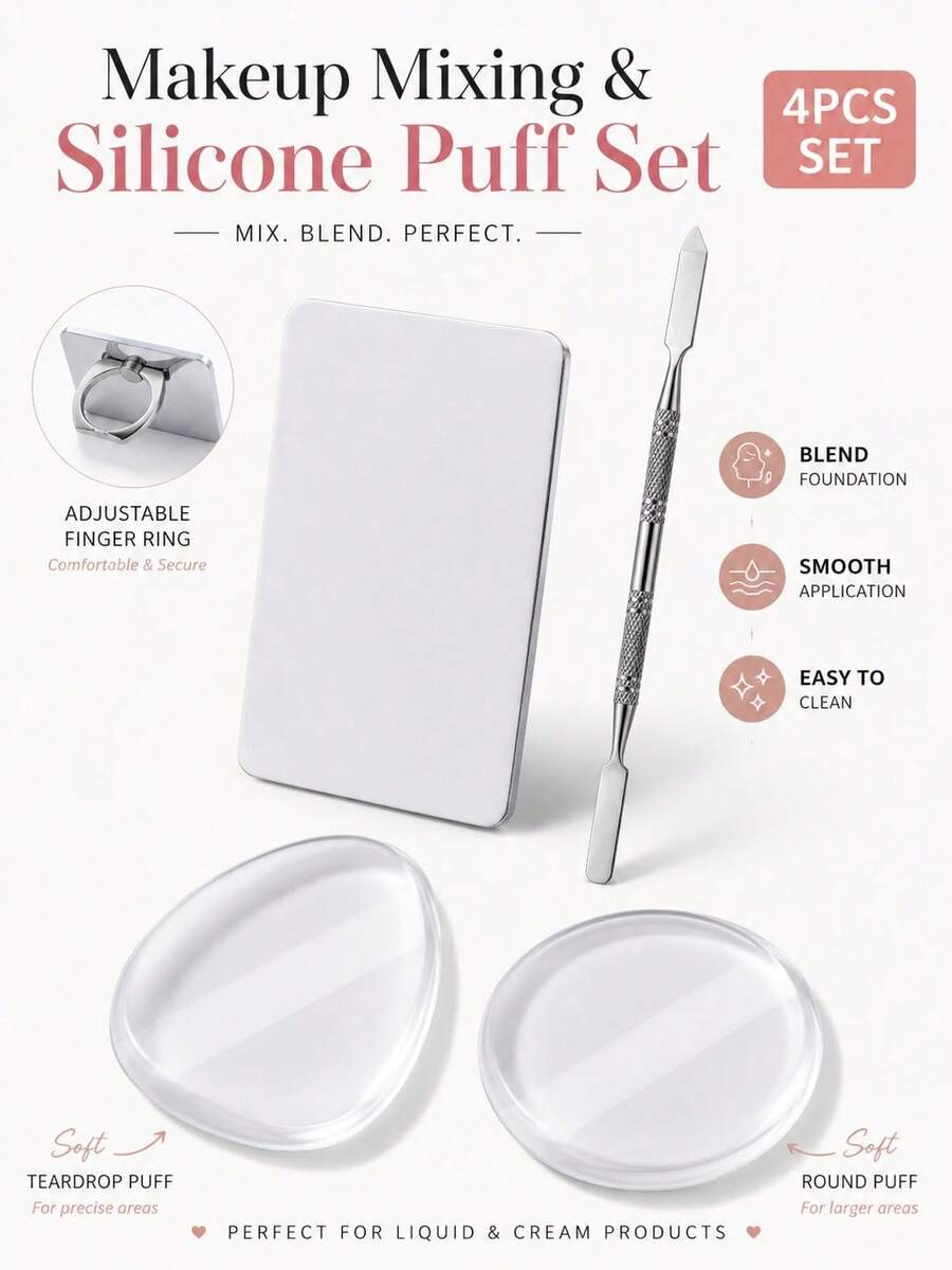 Round Makeup Palette Set, Stainless Steel Foundation Mixing Palette With Scraper And 2 Silicone Makeup Sponges, Professional Makeup Artist Mixing Tools - Multicolor - View 1