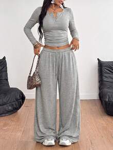 Women's Round Neck Long Sleeve Cropped Top & Drawstring Sweatpants Set, Casual Style Two Pieces Loungewear, Simple Regular Outfit Suit - Light Grey - View 5