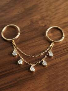 STONEFANS Women's Gold Rhinestone Double Finger Chain Ring, Teardrop Crystal Dangle Connected Ring Hand Jewelry For Party, Prom, Wedding & Vacation - Gold - View 4