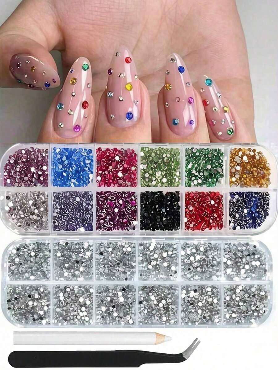 12-Grid Multi-Size Nail Art Rhinestones 3D Resin Gemstones Pearls DIY Nail Decoration Accessories Nail Jewelry - Multicolor - View 1