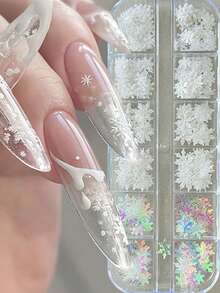 12格混色全息雪花美甲亮片，3D白色閃粉冬季雪花美甲裝飾，聖誕節假期冬季新年美甲配件，適合女性與女孩 - 彩色 - 查看 2
