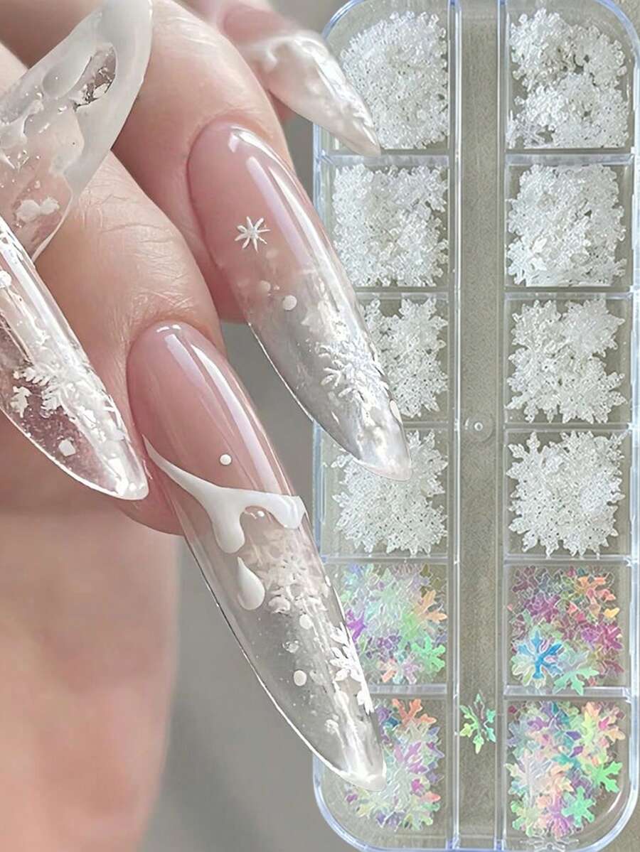 12格混色全息雪花美甲亮片，3D白色閃粉冬季雪花美甲裝飾，聖誕節假期冬季新年美甲配件，適合女性與女孩