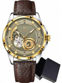 POEDAGAR 1pc Business Men's PU Leather Automatic Mechanical Skeleton Tourbillon Watch, Fashion Waterproof Luminous Wristwatch For Daily Occasions, Men's Gift - one-size - View 15