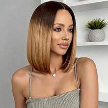 Women's 12-Inch Gradient Brown Middle Part Wig, High-Temperature Synthetic, Fashionable Elegant Versatile Design, Suitable For Daily Wear Or Carnival Events, Soft Hair Texture With Natural Styling, Adjustable Cap Band For Comfortable And Secure Fit - Brown Ombre - View 9