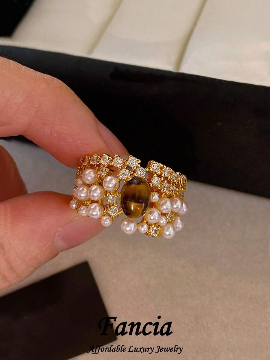1 Pasang Cincin Mewah Musim Gugur/Dingin dengan Batu Mata Harimau dan Zirkonia Kubik untuk Wanita, Cocok untuk Pemakaian Sehari-hari Saat Berpergian - Yellow Gold - View 1