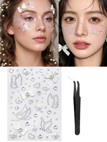 3D Butterfly Bow Face Jewels Stickers Self‑Adhesive Rhinestone Crystal Face Gems With Heart Pearl Beads, DIY Facial Eye Hair Body Decor For Rave Festival Party Cosplay Stage Performance - Multicolor - View 12