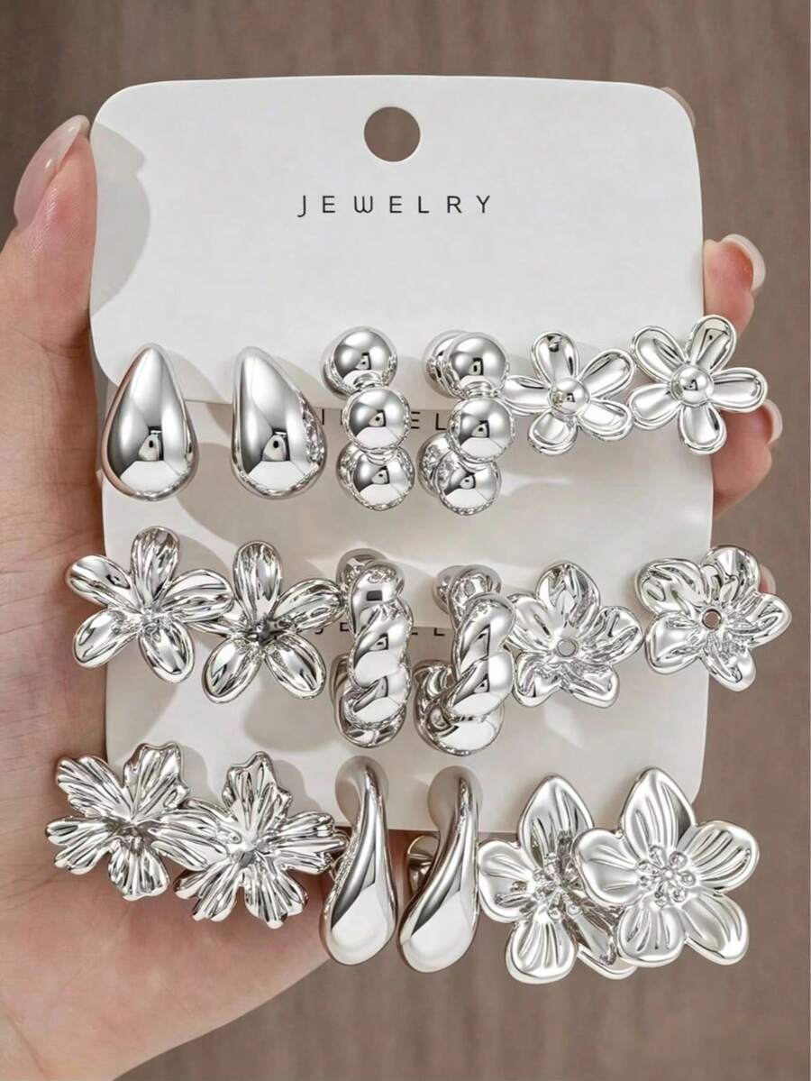 6/18PCS Fashionable Elegant Floral Geometric Multi- Silver Metallic Earring Set, Women's Fashion Earring Set, Daily Wear, (Lightweight CCB Material, Non-Fading) - Silver - View 1