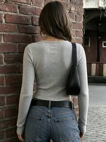 Women's Long Sleeve Henley Tops Ribbed Cropped Button Up T-Shirts Slim Fit Casual Basic Tops Fall Streetwear Going Out Everyday Wear - Grey - View 4