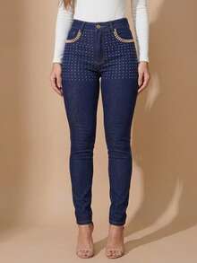 pthirillo Calça Feminina Denim Skinny para Uso Diário Com Lycra Elastano Empina Bumbum Premium com Strass Brilho - Pocket Strass - Visão 8