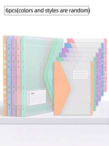 6pcs Macaron Color PP Transparent Envelope Binder Pockets, 11 Holes Compatible With 2/3/4 Hole Binders, With Random Style Label Slots, Home Office Student Back To School Storage Folders (Random Color And Style) - Multiple Styles - View 1