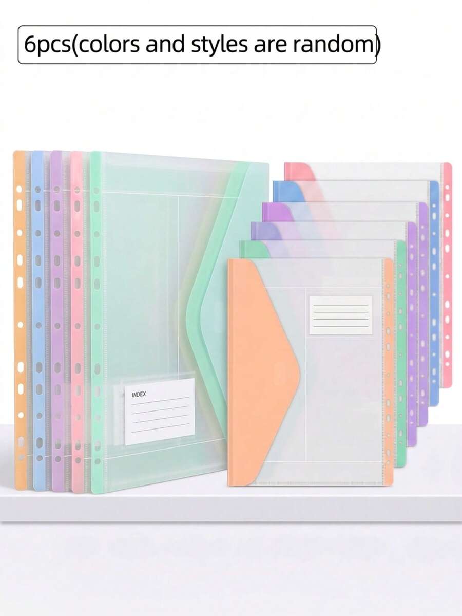 6pcs Macaron Color PP Transparent Envelope Binder Pockets, 11 Holes Compatible With 2/3/4 Hole Binders, With Random Style Label Slots, Home Office Student Back To School Storage Folders (Random Color And Style) - Multiple Styles - View 1