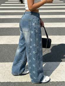 Women's Star Print Casual Loose Oversized Barrel Straight Leg Jeans - Medium Wash - View 4