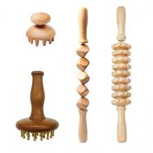 Wooden Massage Tool Set 4‑In‑1, Body Massage Roller Sticks, Scraping Board & Copper‑Tip Point Massager, Home Self‑Care Muscle Care Kit, Ideal Gift For Men Women - Apricot - View 8