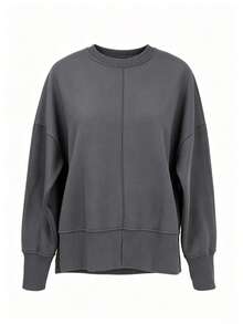 Sweatshirt Pullover Wanita Longgar Kasual Kerah Bulat Bahu Jatuh dengan Belahan Samping di Bagian Bawah, Atasan Gaya Jalanan Musim Gugur - Grey - View 2