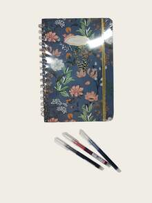 4pcs A5 Notebook Set, Includes 3-Color Liquid Ink Pens + 1pc Notebook, Hardcover Floral Notebook With Pen Holder Strap, Metal Spiral Binding, Home Bill Tracking, Learning Knowledge Recording, Suitable As Gift, Student/Adult Girl Diary, Office/Study Supplies, Birthday Gift, School Stationery - Multi-color - View 11