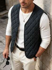 Men's Autumn/Winter Fashion Sleeveless Round Neck Cotton Padded Vest, Suitable For Daily Commute And Vacation - Grey - View 7