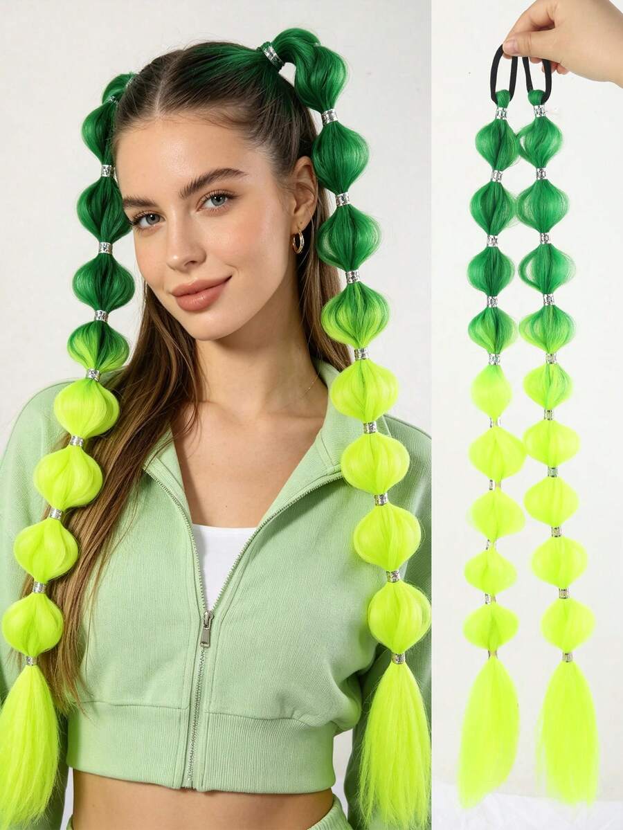 2pcs Synthetic Braided Colorful Ponytail Wig Extensions Bubble Lantern Braided Ponytail Wig For Cosplay Party Halloween Christmas