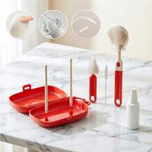 Portable Baby Bottle Brush Set, Includes Bottle Brush, Nipple Brush, Straw Brush, Drying Rack And Storage Box, Suitable For Travel Or Outings - Red - View 2