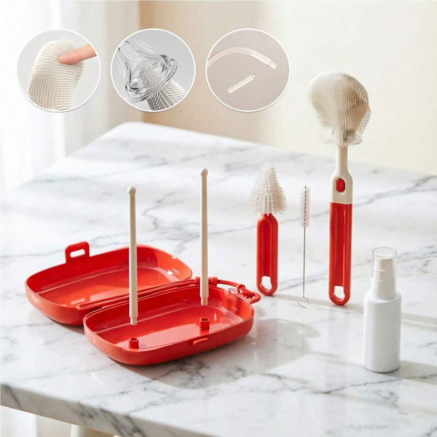 Portable Baby Bottle Brush Set, Includes Bottle Brush, Nipple Brush, Straw Brush, Drying Rack And Storage Box, Suitable For Travel Or Outings - Red - View 1