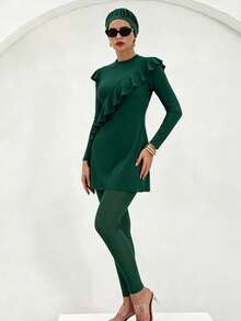WaveBikini Burkini Modest Swimsuit UPF Sun Protection Ruffle Long Sleeve Solid Green Swim Set With Hijab For Women Beach Swimming - Dark Green - View 2