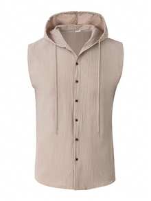 1pc Men's Linen Blend Sleeveless Hooded Vest, Button Down Drawstring Hood Tank Top, Casual Lightweight Beach Vacation Summer Sleeveless Shirt For Men - Khaki - View 3