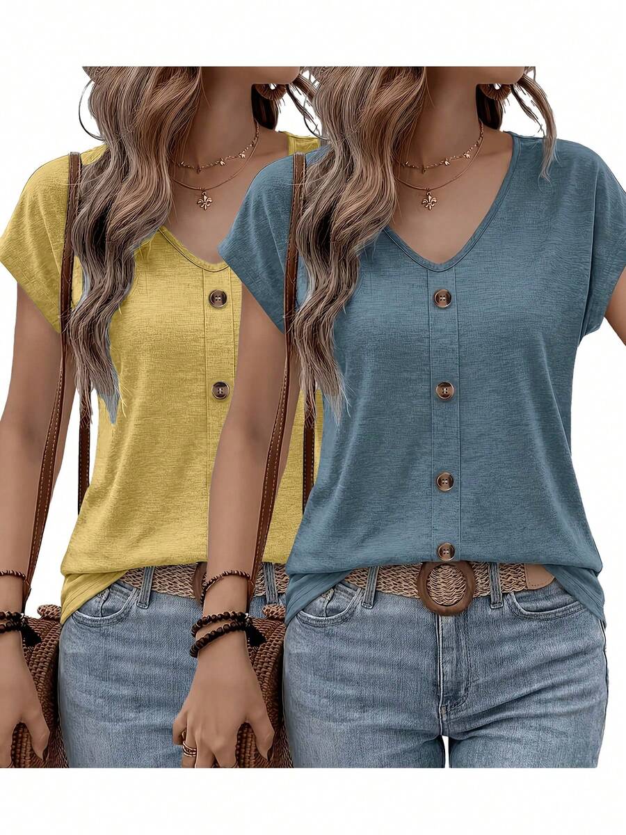 2pcs Plus Size Women's Casual V-Neck Button Front Short Sleeve Tops, Autumn Knit Basic T-Shirts - Yellow + Dark Blue - View 1