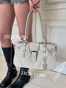 Tote Bag With Metal Buckle Decor Design, Large Capacity Storage Space, Zipper And Snap Closure, Handheld Underarm Bag Style, Suitable For Daily Outings And Commuting Occasions, Versatile For Various Outfit Styles, Exquisite Craftsmanship, Meets Diverse Carrying Needs - Beige - View 2