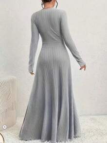 Women's Plus Size Solid Color Knit Fabric Ruched Waist/Pleated Waist Dress For Date, Formal Evening, Spring And Autumn - Light Grey - View 3