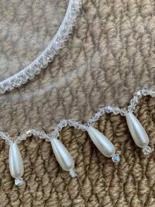 1PC Handmade Crystal And Pearl‑Edged Mesh Headband, Off‑White Beach Vacation Style Headscarf, Bridal Veil Hair Accessory - Off-white - View 4