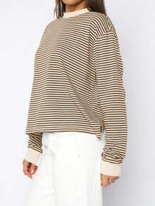 GLAMSKIN Women Color‑Block Striped Crew Neck Long Sleeve T‑Shirt,Simple Loose Fit Fall Basic Tee For Daily Wear&Office Commute - Apricot Coffee - View 6