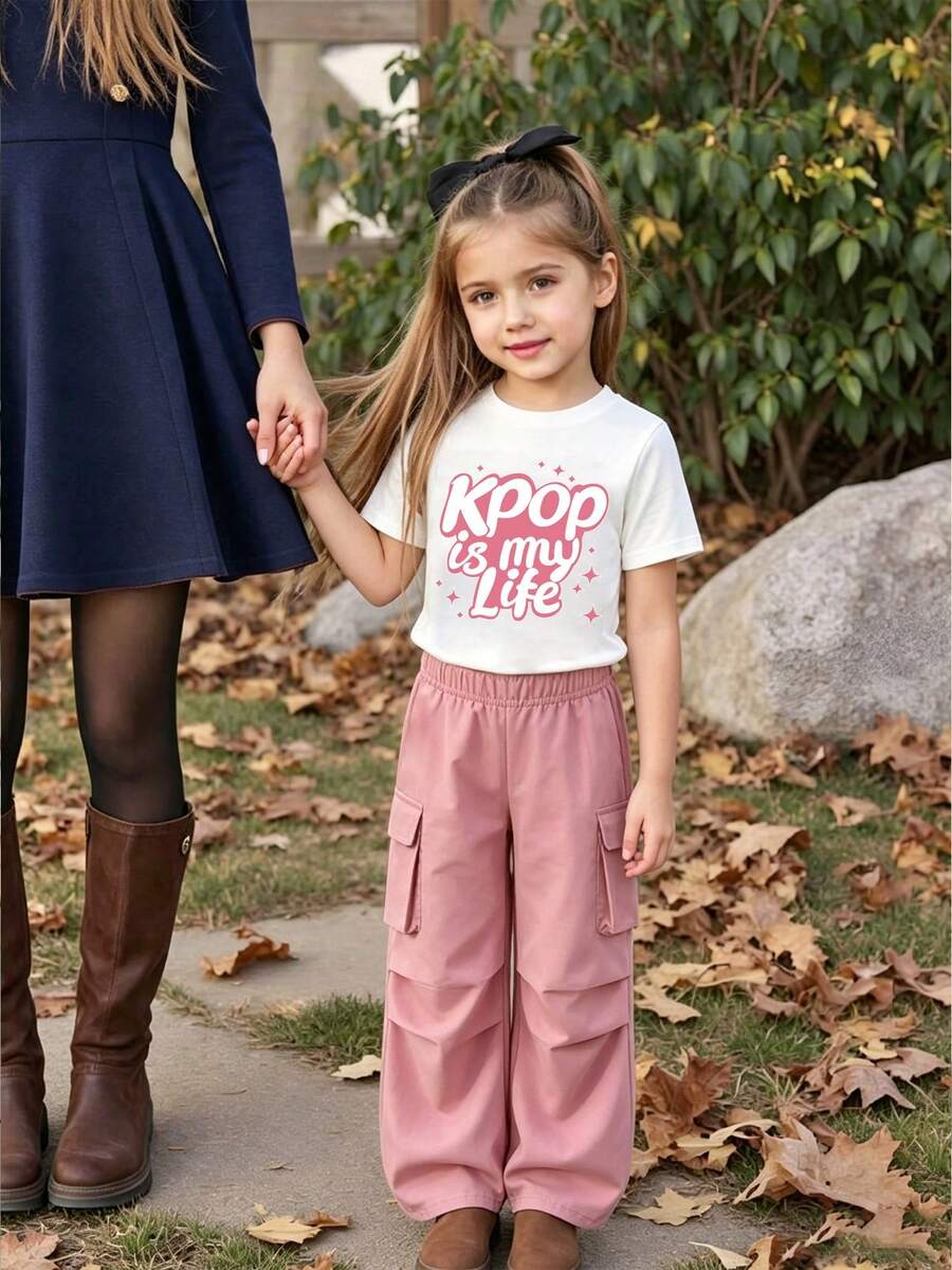 Young Girl Cartoon Print Round Neck Short Sleeve Top And Cargo Pants Set - White - View 1