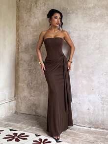 1pc Solid Color Elegant Knitted Fabric Ruffle/Flounce Pleated Asymmetrical Dress Birthday Party Autumn - Brown - View 2