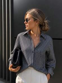 1pc Women's Classic Vertical Striped Collared Shirt, Smooth Drape Slim Fit Long Sleeve Commuter Blouse, Flattering Versatile All-Match Top For Light Office Wear, Casual Daily Spring/Autumn Layering - Blue - View 6