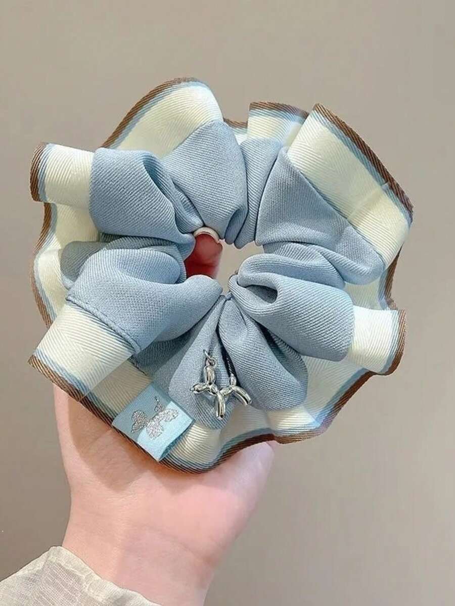 Highly Attractive Striped Ruffle Scrunchie Blue Fresh Hair Tie Ins Sweet Girl Bun Hair Rope - Multicolor - View 1