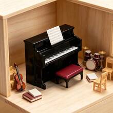 Mini Upright Piano Model With Stool & Sheet Music, Dollhouse Decorative Accessory, Realistic Musical Instrument Ornament For Scene Layout Collection Gift - Multicolor - View 3