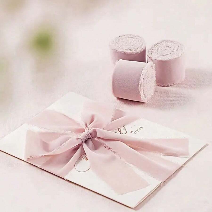 Pink Frayed Edge Chiffon Silk-Feel Tassel Ribbon Roll, Hand-Torn Edge Gift Wrapping Ribbon, Suitable For Wedding Invitations, Bouquet DIY Handmade Decoration, Halloween And Christmas Decoration, Bow Ribbon - Multiple Styles - View 1