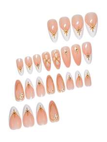 Change Your Nails With It 24片/組 優雅粉白配色 3D波浪法式花卉金珠裝飾 杏仁形穿戴甲，含果凍膠與指甲锉，適合女孩與女性日常佩戴、派對，美甲用品，秋季美甲 - 彩色 - 查看 2