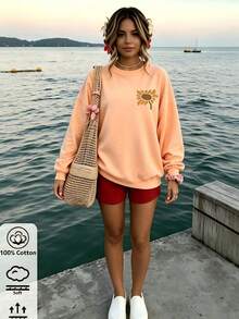 Women's Peach Pullover Sweatshirt With SunflowerPrint, Rib-Knit Details,Round Neck, Long Regular Sleeves,Medium StretchKnitted FabricFall Outfits - Hami Melon Orange - View 10
