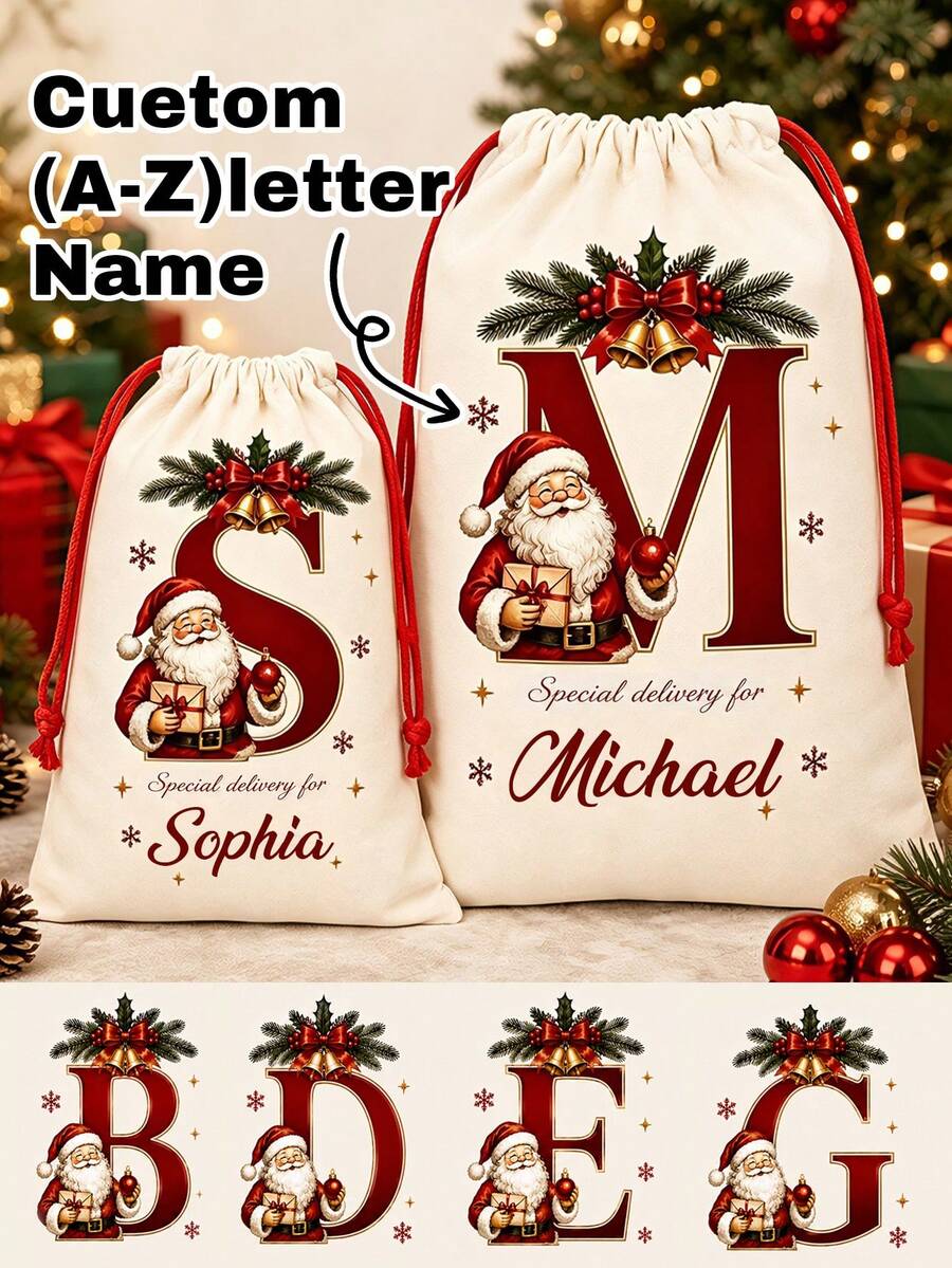 Custom Initial Christmas Drawstring Bag, Personalized Name Gift Bag, Holiday Santa Style, Custom Holiday Storage Bag, Customizable Christmas Gift - Red and White - View 1