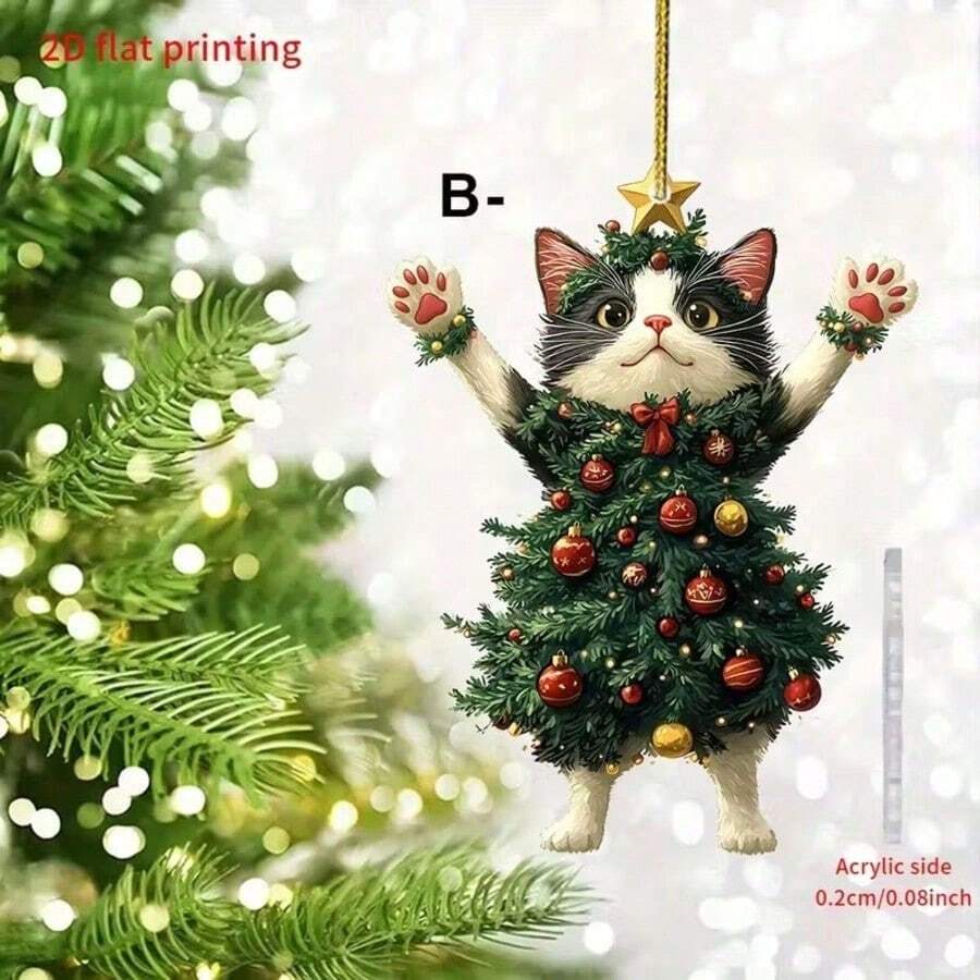 Christmas 2D Flat Printing, 10/20pcs Christmas Tree Cat Acrylic Hanging Decor, Suitable For Keychains, Bags, Car Rearview Mirror Pendant, Used For Christmas Decoration, Adding Cute And Cheerful Atmosphere. Decorative Sign - Various - View 1