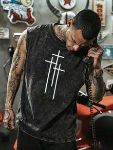 Camiseta de tirantes minimalista con estampado de cruz retro para hombres, cómoda y transpirable, adecuada para el verano, de moda - Negro - Ver 2
