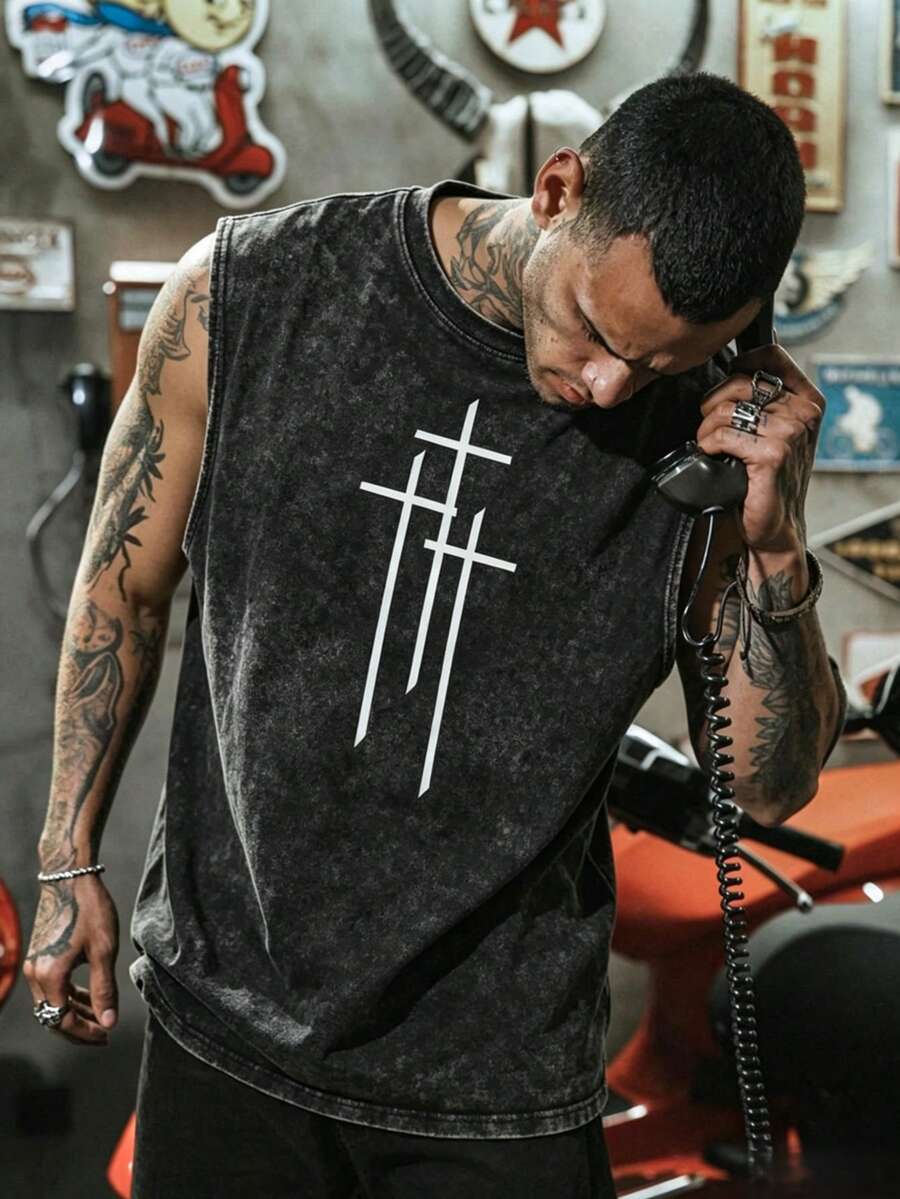 Camiseta de tirantes minimalista con estampado de cruz retro para hombres, cómoda y transpirable, adecuada para el verano, de moda